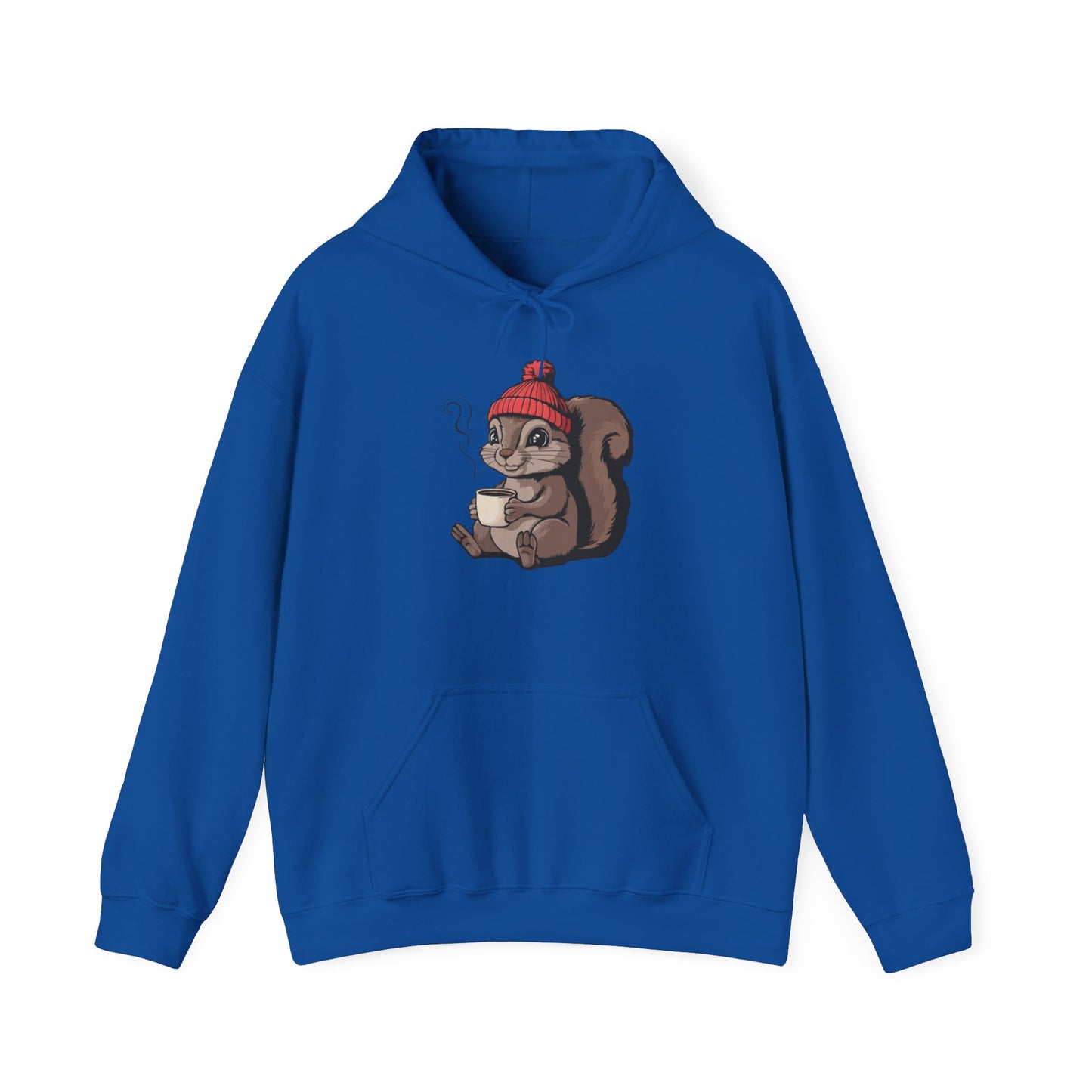 Cozy Squirrel  Pullover Hoodie Unisex Heavy Blend Hooded Sweatshirt with Squirrel in Beanie with Cup Of Coffee Graphic Print