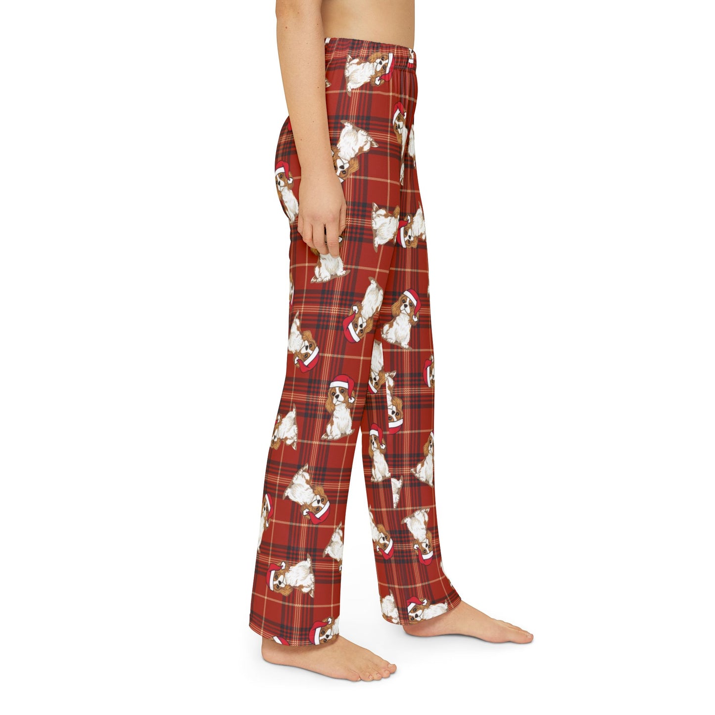 Kids Red Plaid Cavalier King Charles Spaniel Dog Christmas Pajama Pants, Santa Dogs PJ Bottoms, Kid's Holiday Sleepwear