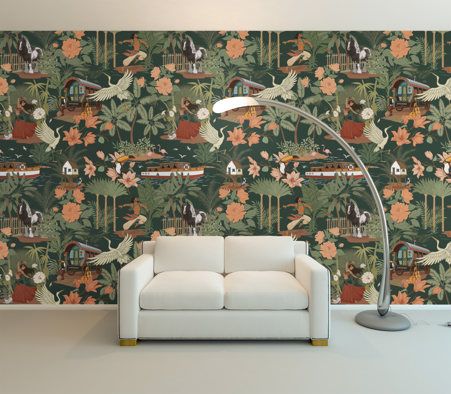 Tropical Nomad Deep Emerald Wallpaper - Botanical Floral Home Decor Wall Paper