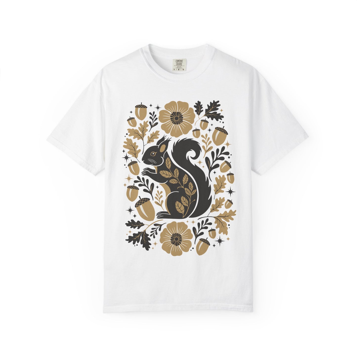 Woodland Squirrel Illustration T-shirt | Floral Acorn Nature Design Squirrels Tee, 100% Cotton Short Sleeve Shirts
