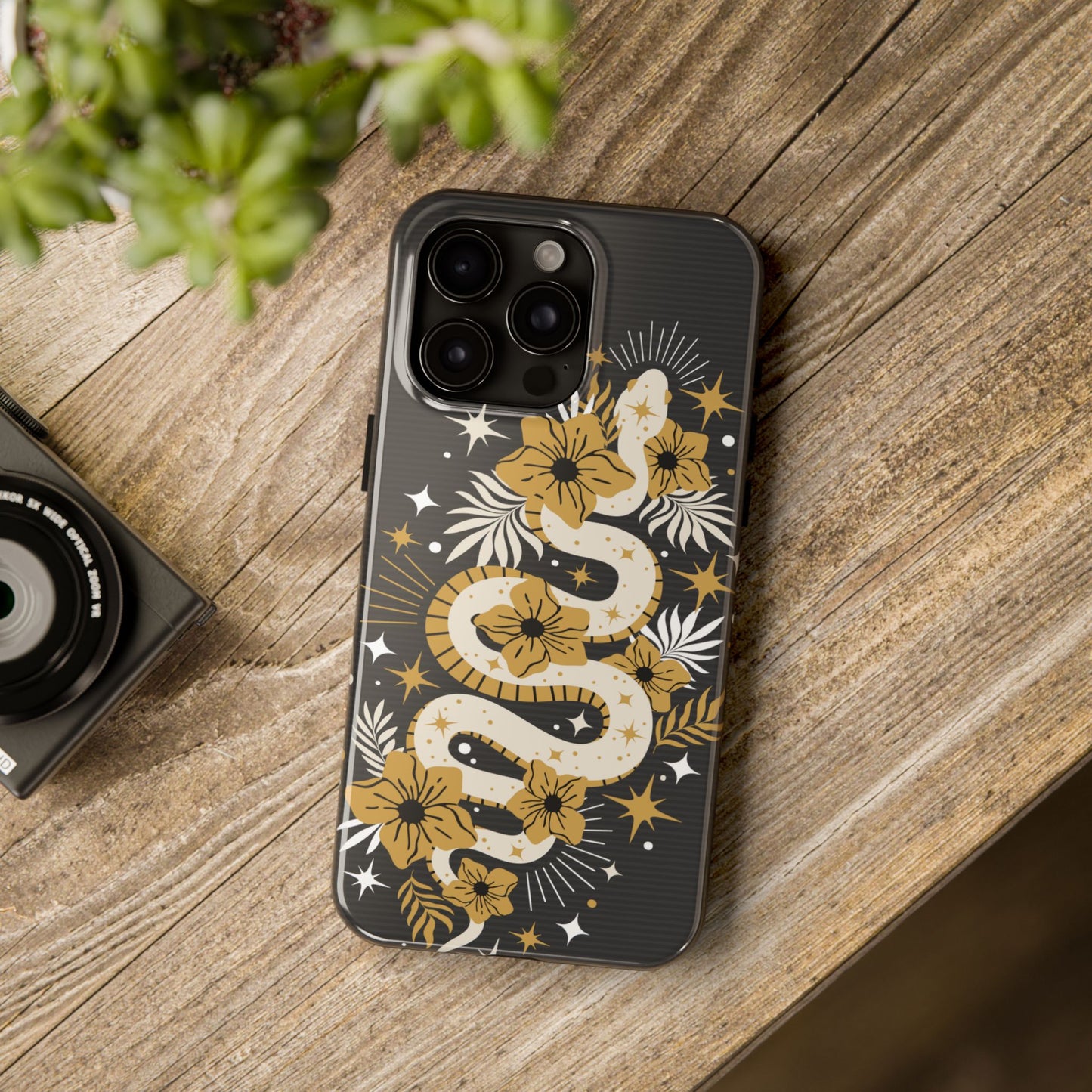 Mystic Snake Cell Phone Case, Black Tough Cases, Protective Floral Golden Serpent Boho Design
