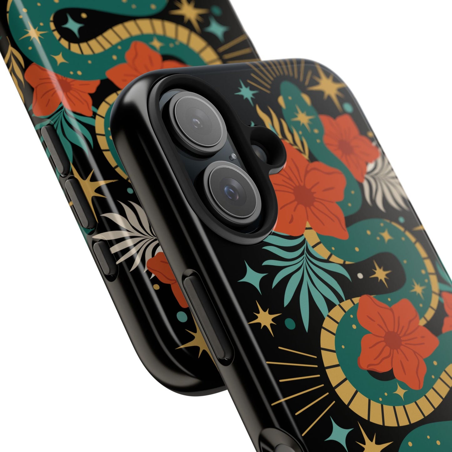 Mystic Snake Cell Phone Case, Black Tough Phone Cases Boho Serpent Snakes Floral Design