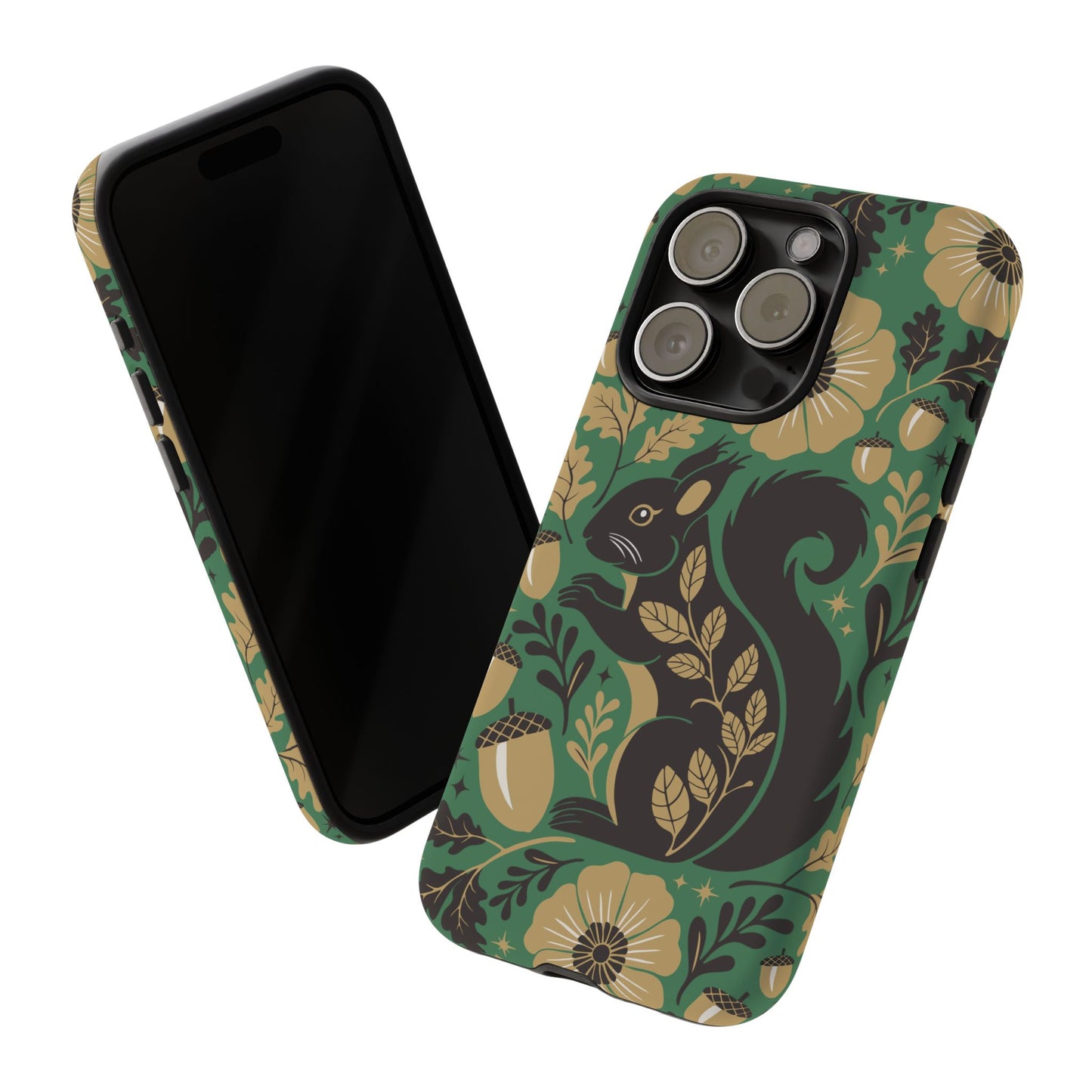 Green Squirrel Floral Pattern Cell Phone Case | Botanical Folk Art Acorn Leaves Design, Iphone Google Pixel Samsung Cases Matte Finish