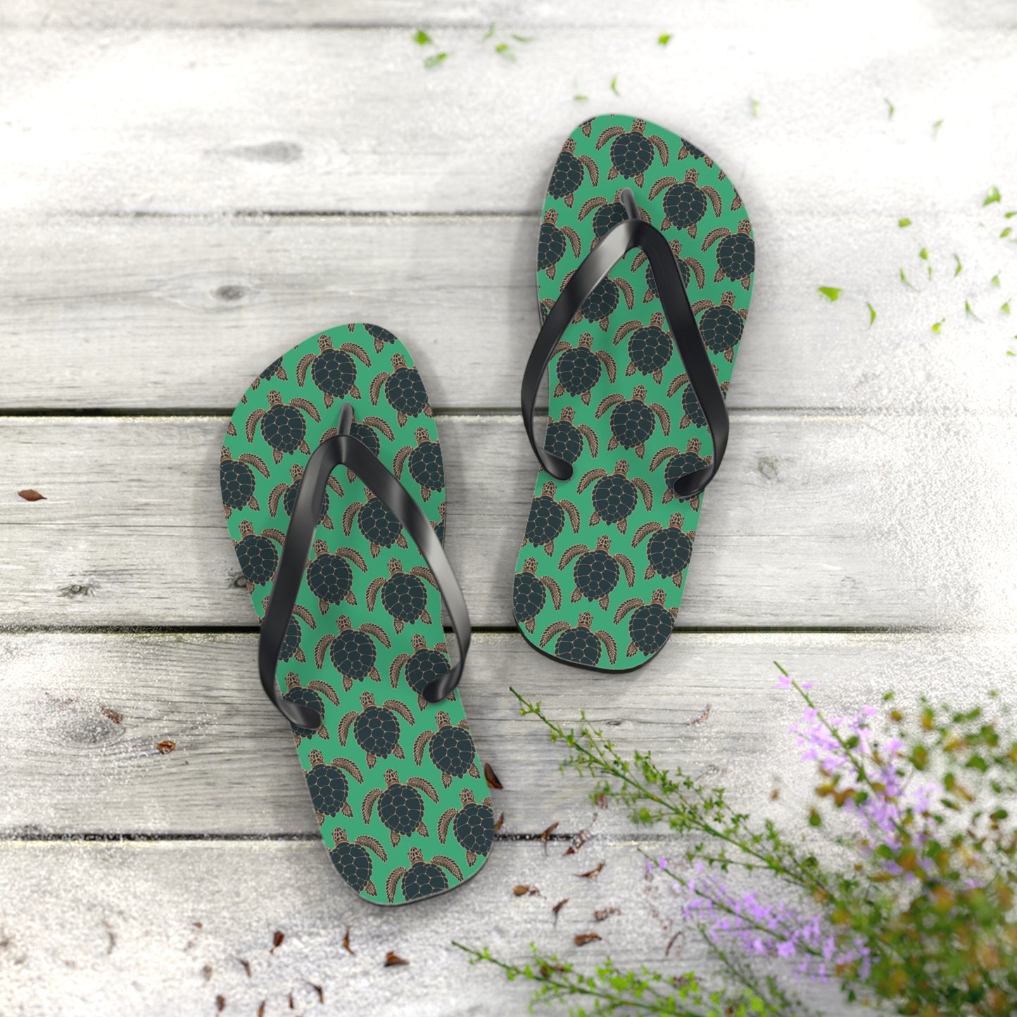 Sea Turtle Pattern Flip Flops | Tropical Green Turtles Beach Sandals, Summer Vacation Pool Attire Ocean Wildlife Nature Pattern