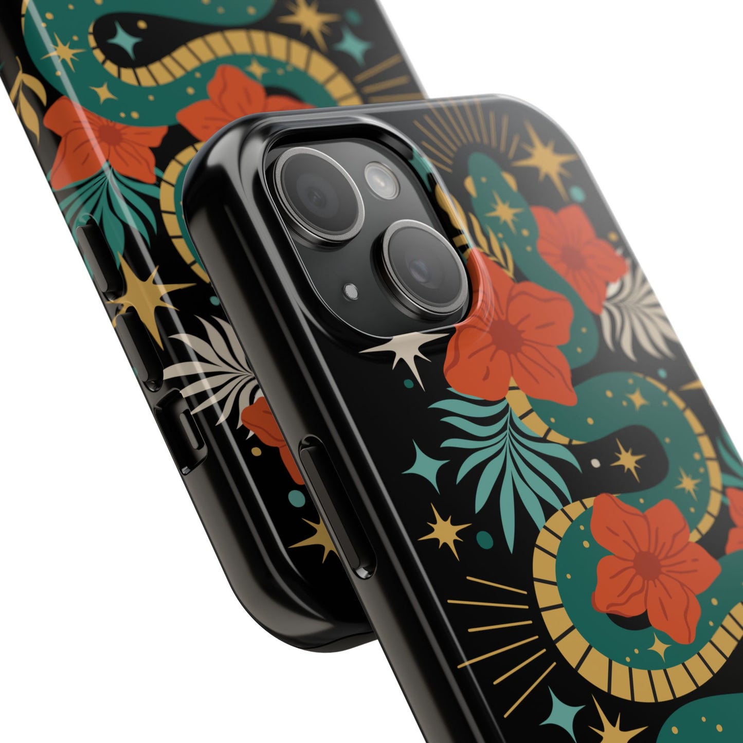 Mystic Snake Cell Phone Case, Black Tough Phone Cases Boho Serpent Snakes Floral Design