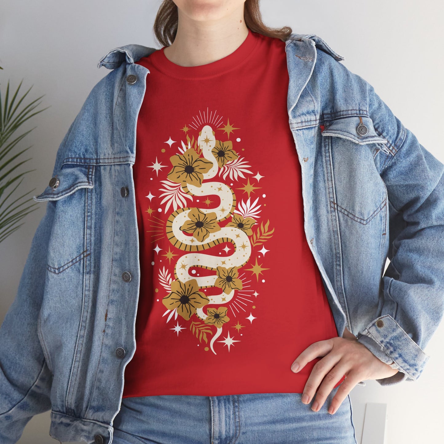 Boho Golden Snake Stars Flowers Cotton Tee, Unisex T-Shirt, Hippie Graphic Print Shirt, Bohemian Festival Top, Celestial Serpent Tee