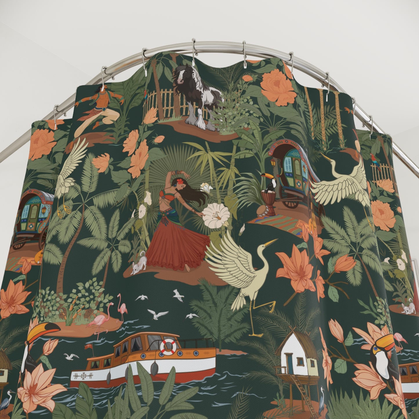 Tropical Nomad Jungle Birds Shower Curtain | Botanical Boat Floral Pattern Bathroom Decor 71"x74"