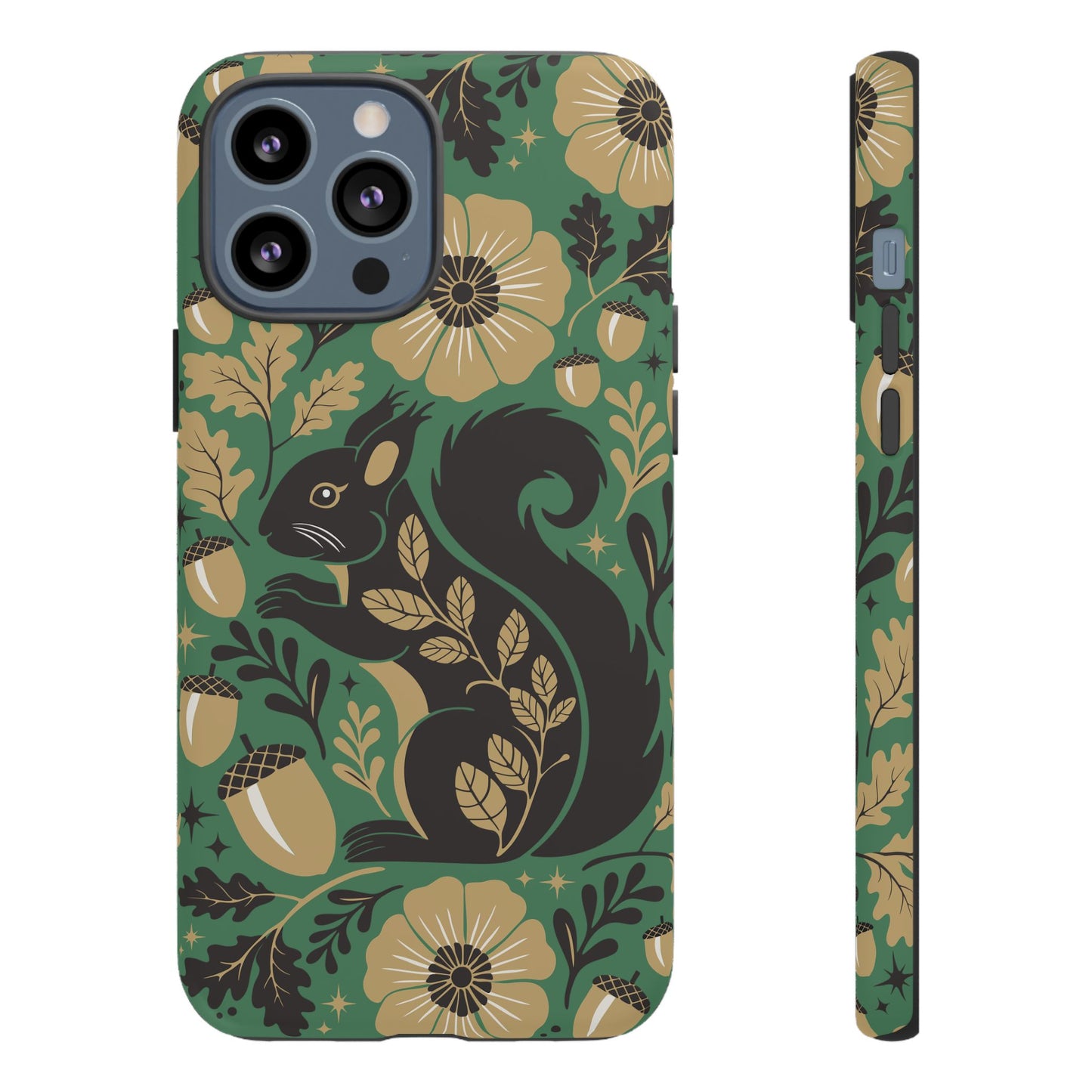 Green Squirrel Floral Pattern Cell Phone Case | Botanical Folk Art Acorn Leaves Design, Iphone Google Pixel Samsung Cases Matte Finish