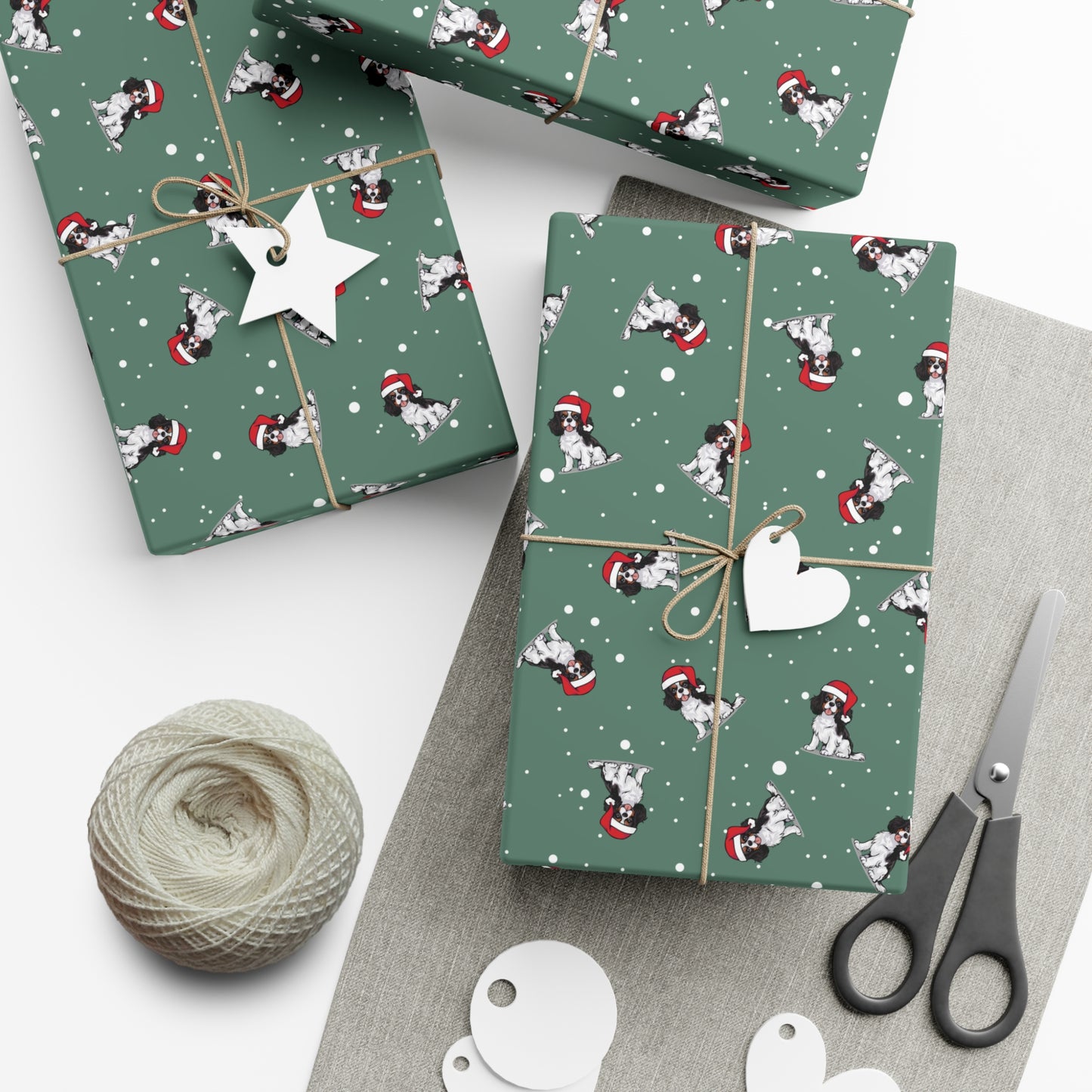 Cavalier King Charles Spaniel Dog Christmas Wrapping Paper, Dogs Print, Cheery Holiday Gift Wrap With Snowy Xmas Puppy In Santa Hat