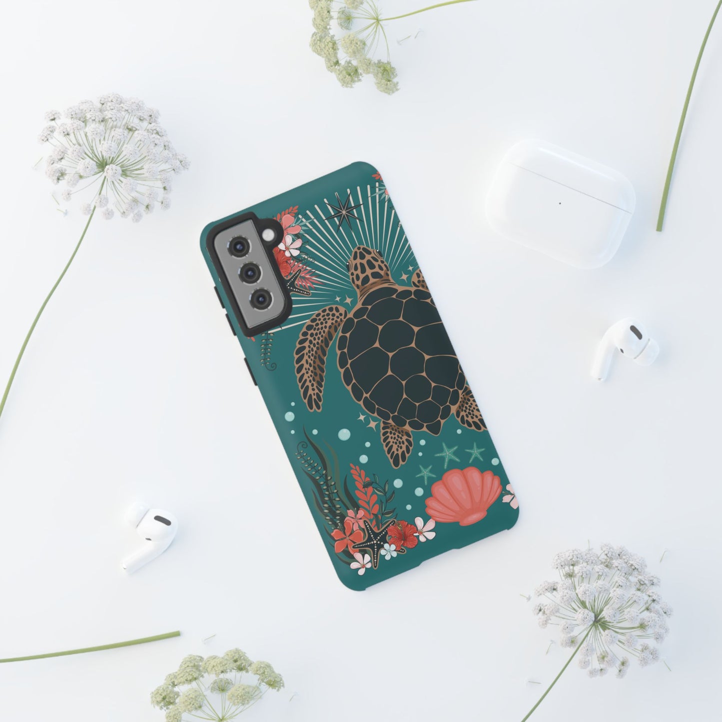 Sea Turtle Illustration Phone Case | Ocean Turtles Coral Floral Pattern Cell Phone Cases - Iphone, Google Pixel, Samsung - Matte Finish