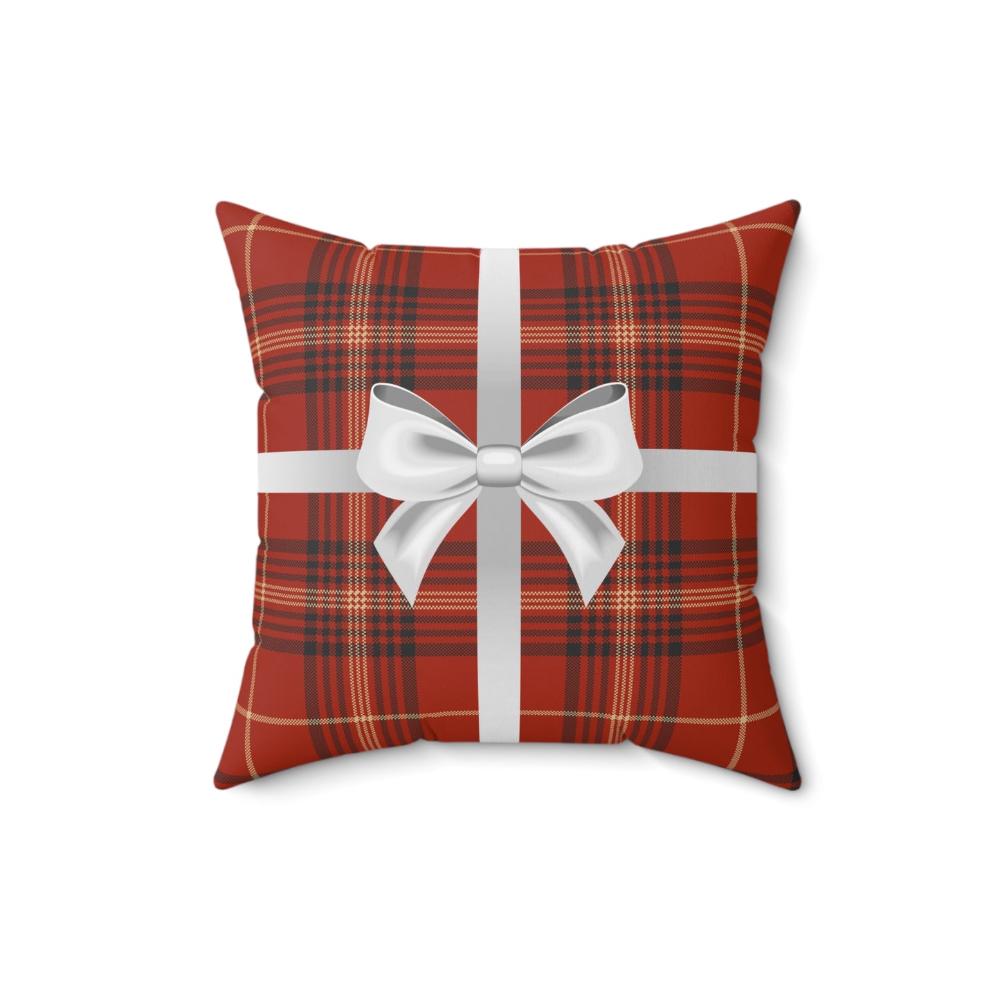 Holiday Gift Throw Pillow, White Bow on Red Plaid Wrapped Present Pillows, Christmas Home Decor Xmas Decorations