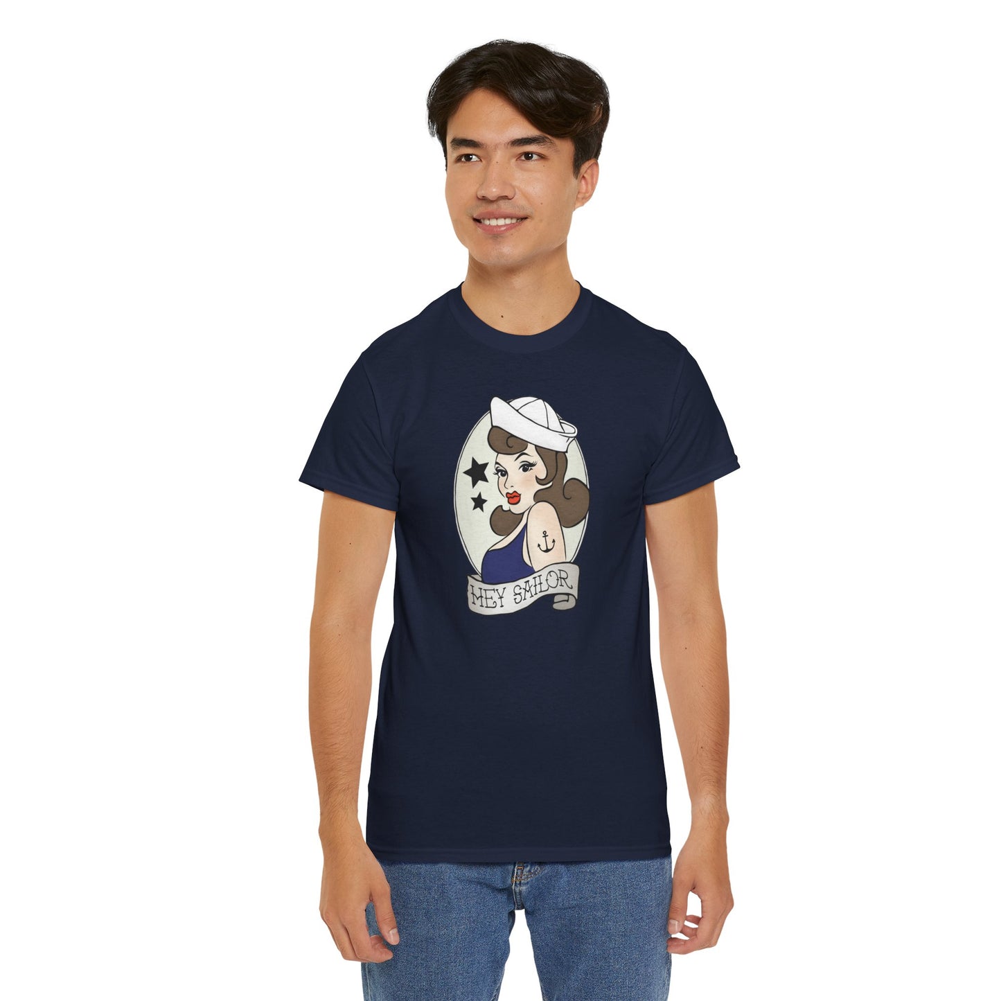 Hey Sailor Pinup Nautical Tattoo T-shirt Unisex Heavy Cotton Tee Mens Womens