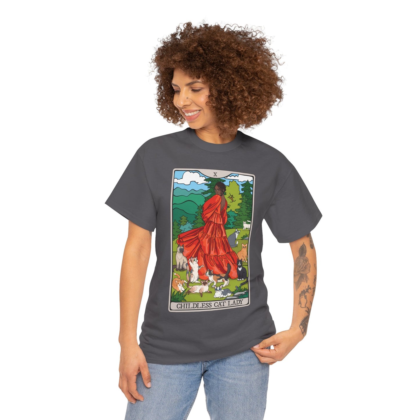 Childless Cat Lady Tarot Card Cotton T-shirt Child-Free Cat Mom Tee with Woman and Cats Design = POC Darker Skin Tone