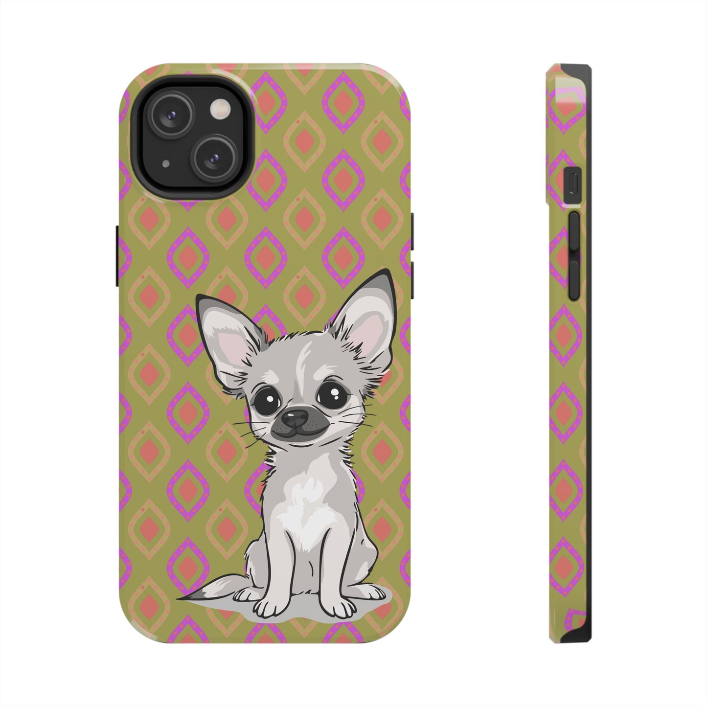 White Chihuahua Puppy Dog Phone Case, Tough Phone Cases Pet Dogs Retro Green  Pattern