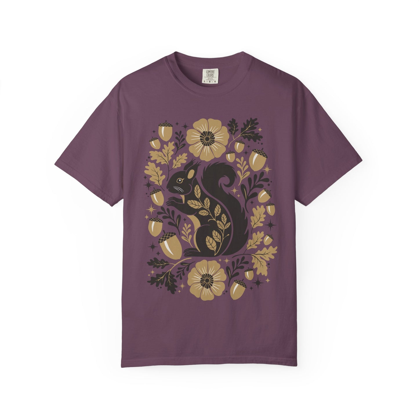 Woodland Squirrel Illustration T-shirt | Floral Acorn Nature Design Squirrels Tee, 100% Cotton Short Sleeve Shirts