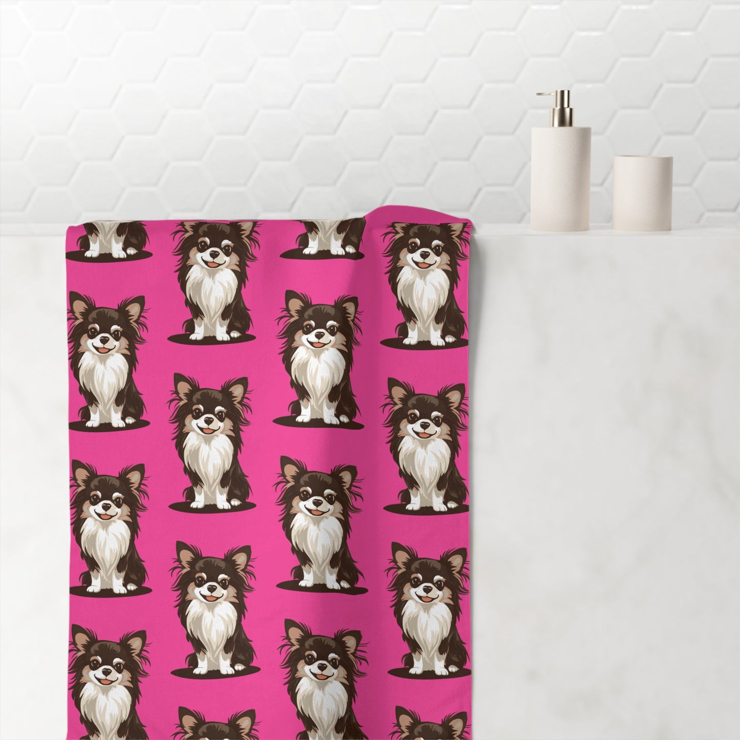 Long Haired Chihuahua Dog Pet Hot Pink Mink-Cotton Beach Towel Bath Towel with Chihuahuas Print 30"x60" Towels