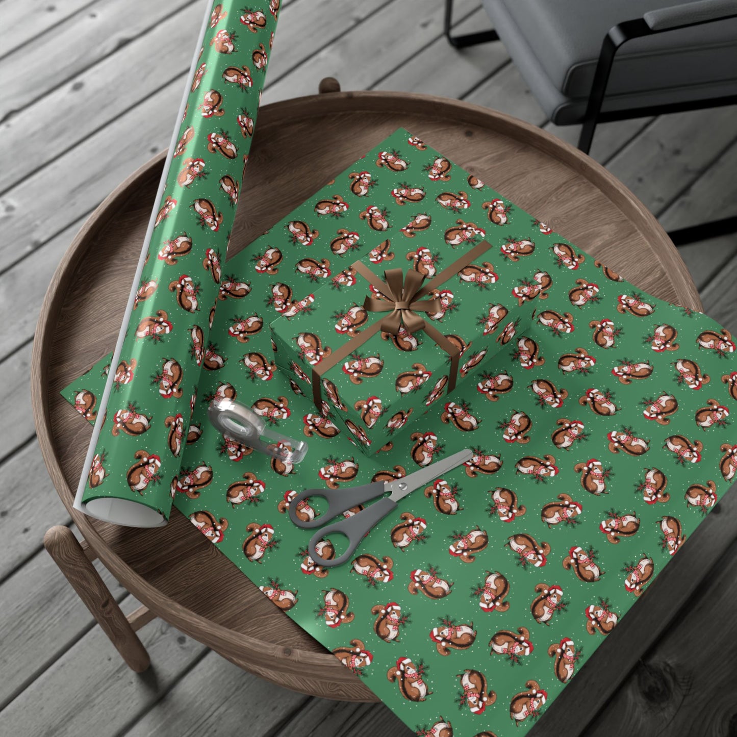 Squirrel Christmas Wrapping Paper, Festive Squirrels Print, Cheery Green Holiday Gift Wrap With Snowy Xmas Squirrel In Santa Hat