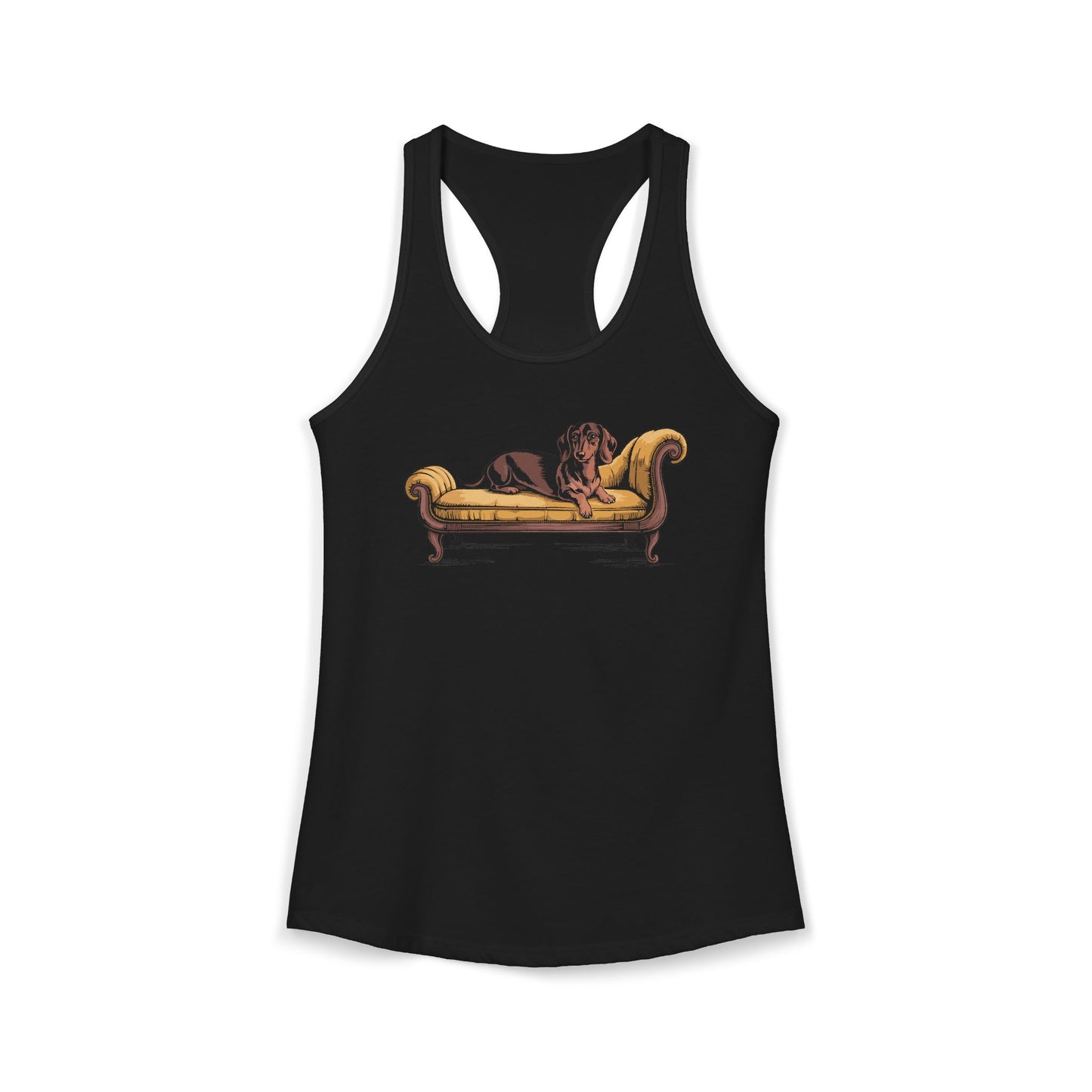 Dachshund Dog on Vintage Chaise Lounge Racerback Tank Top, Women's Wiener Dogs Sleeveless Shirt