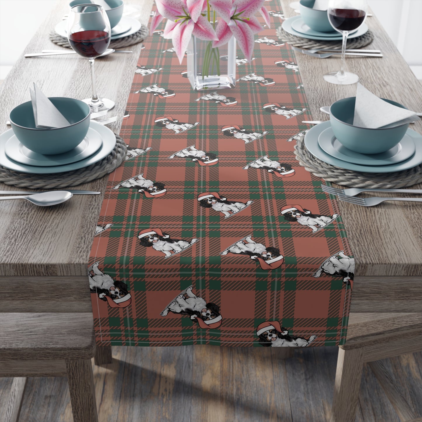 Festive Cavalier King Charles Spaniel Dog Holiday Table Runner, Christmas Home Decor, Dining Tablecloth Linens, Plaid Table Setting Runners