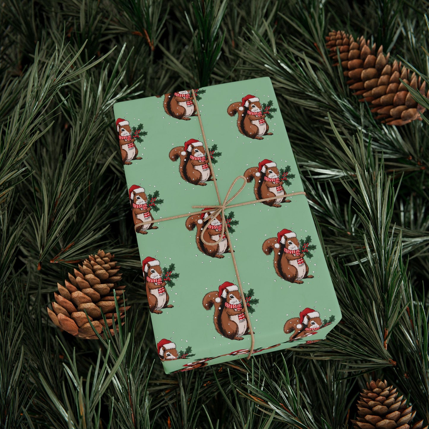 Squirrel Christmas Wrapping Paper, Festive Squirrels Print, Cheery Sage Green Holiday Gift Wrap With Snowy Xmas Squirrel In Santa Hat