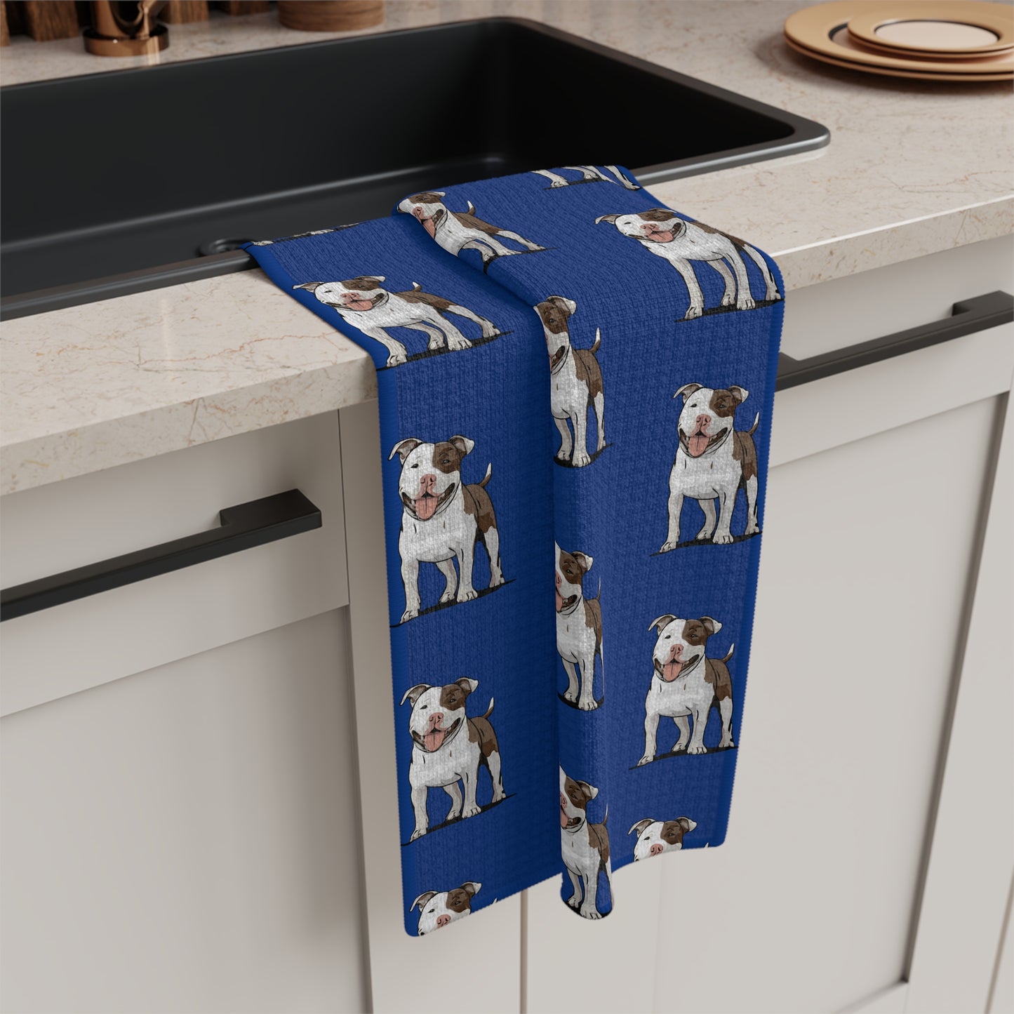 Ollie Dog Microfiber Kitchen Hand Towl Tea Towel with Pit Bull Pet Dogs Pattern Print Blue Towels, Pet Owner Gifts