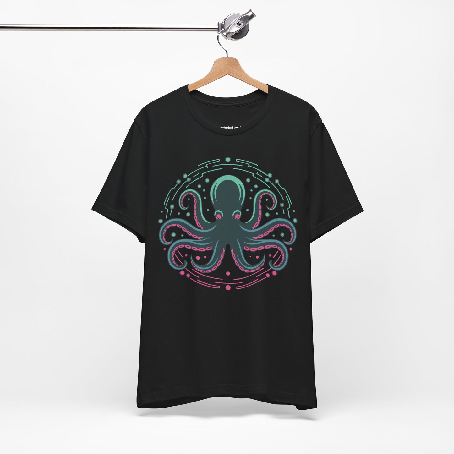 Neon Digital Octopus Tee | Retro Cyberpunk Illustration Graphic T-Shirt, Ocean Life Artwork Octopi Black Tees