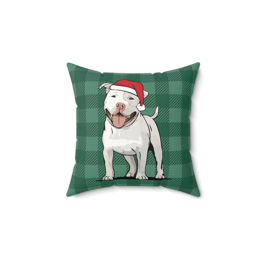 Christmas Pit Bull Dogs Throw Pillow, White Pitbull Terrier Dog Holiday Home Decor, Faux Suede Green Plaid Cushion Pillows, Xmas Decorations
