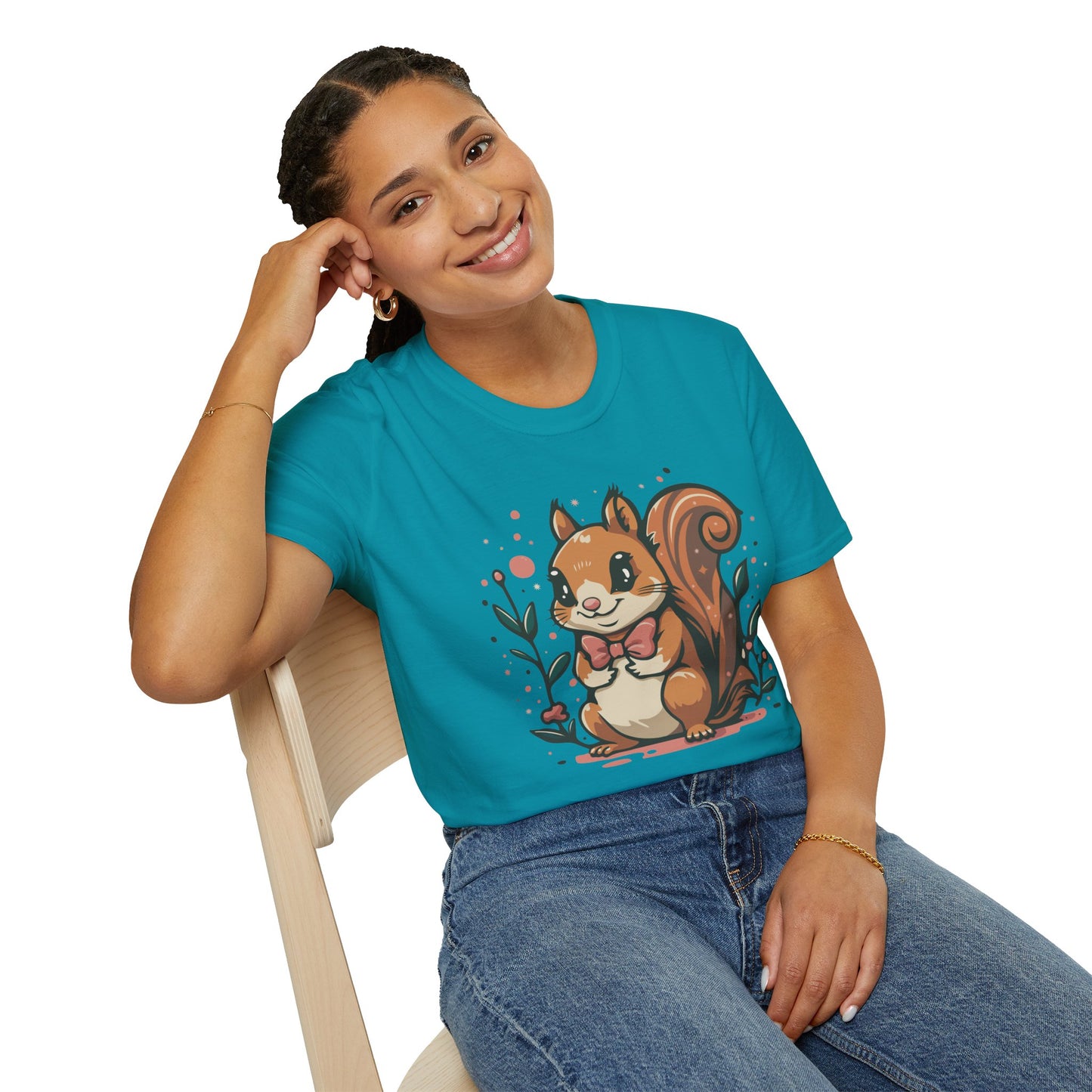 Woodland Squirrel Soft Style T-Shirt - Cute Squirrel with Bowtie and Flowers on Soft Unisex Tee