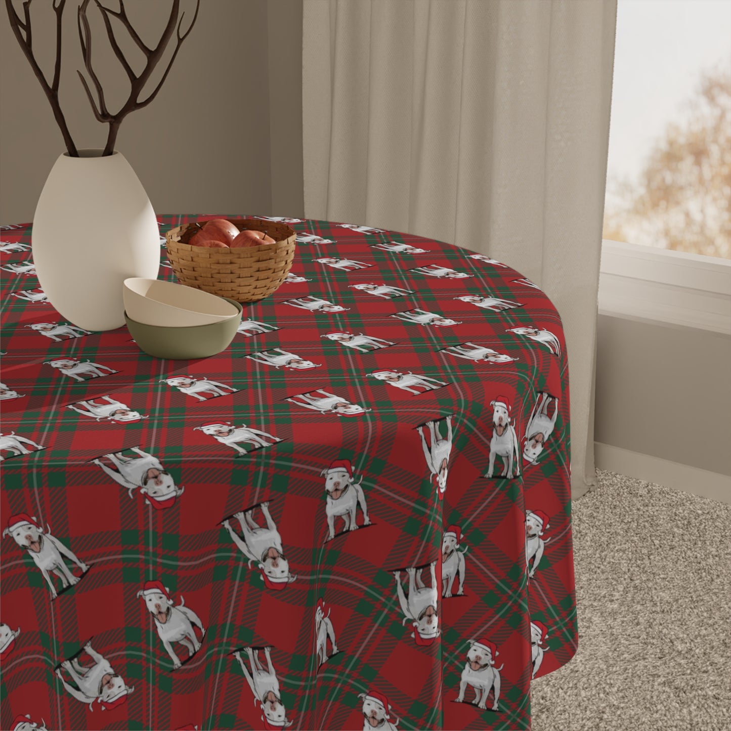 Christmas Pit Bull Terrier Dog Tablecloth, Holiday Santa White Pitbull Dogs Table Cloth, Festive Home Decor, Winter Xmas Party Dining