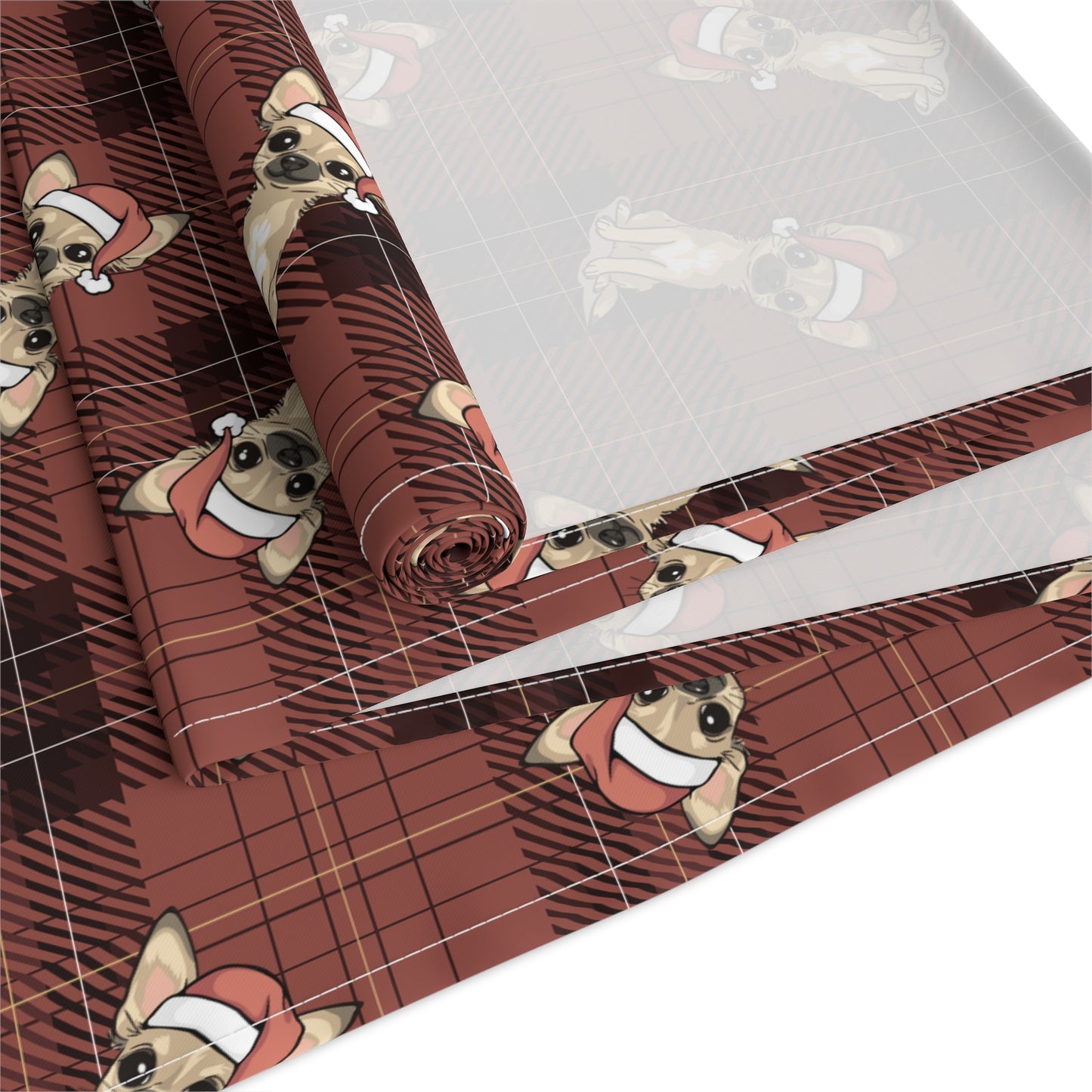 Festive Chihuahua Dog Holiday Table Runner, Christmas Home Decor, Santa Chihuahuas Dining Tablecloth Linens, Plaid Table Setting Runners