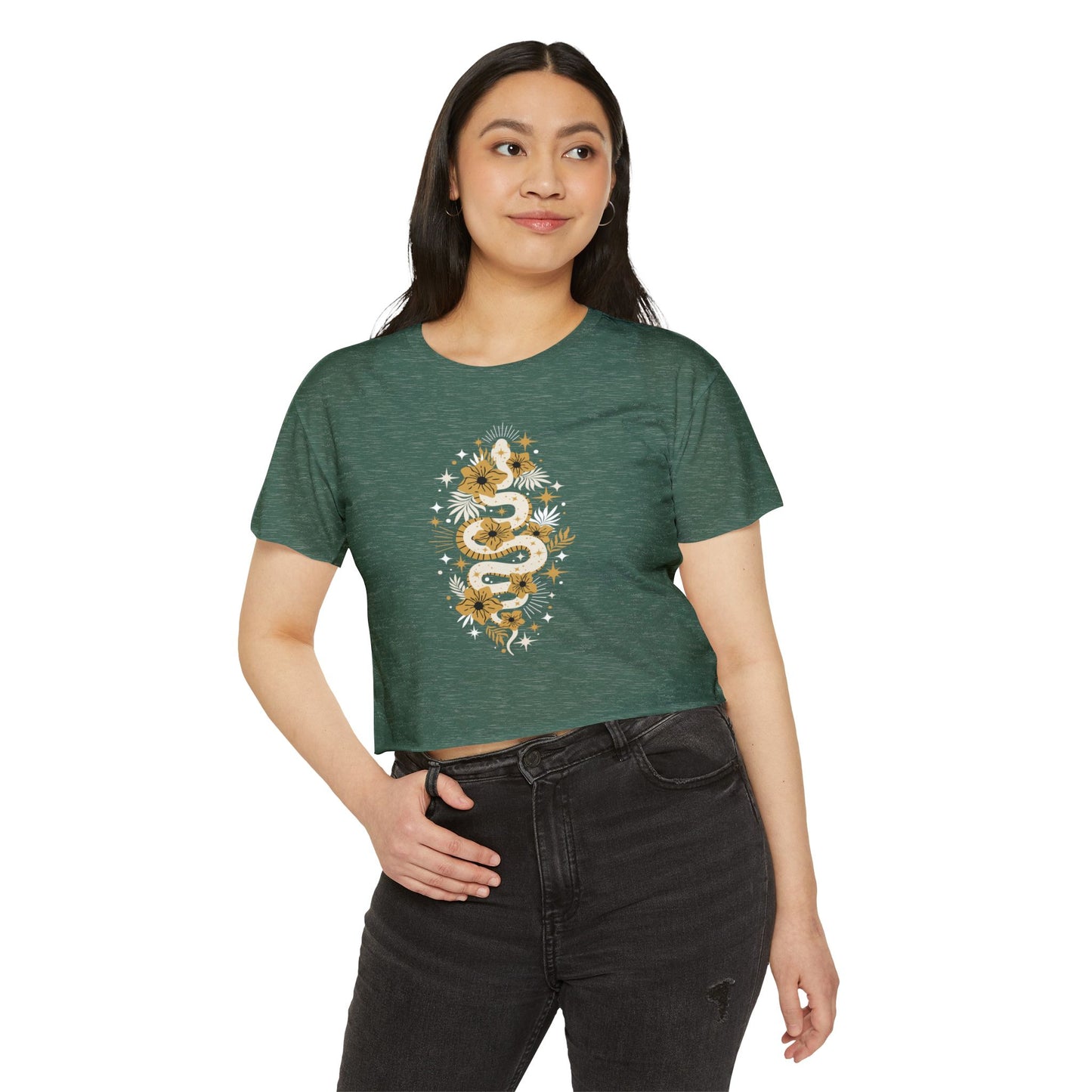 Mystic Golden Snake Women's Boho Crop Top, Festival T-shirt, Bohemian Serpent Shirt, Hippie Tee, Occult Cropped Shirt, Festival Clothing