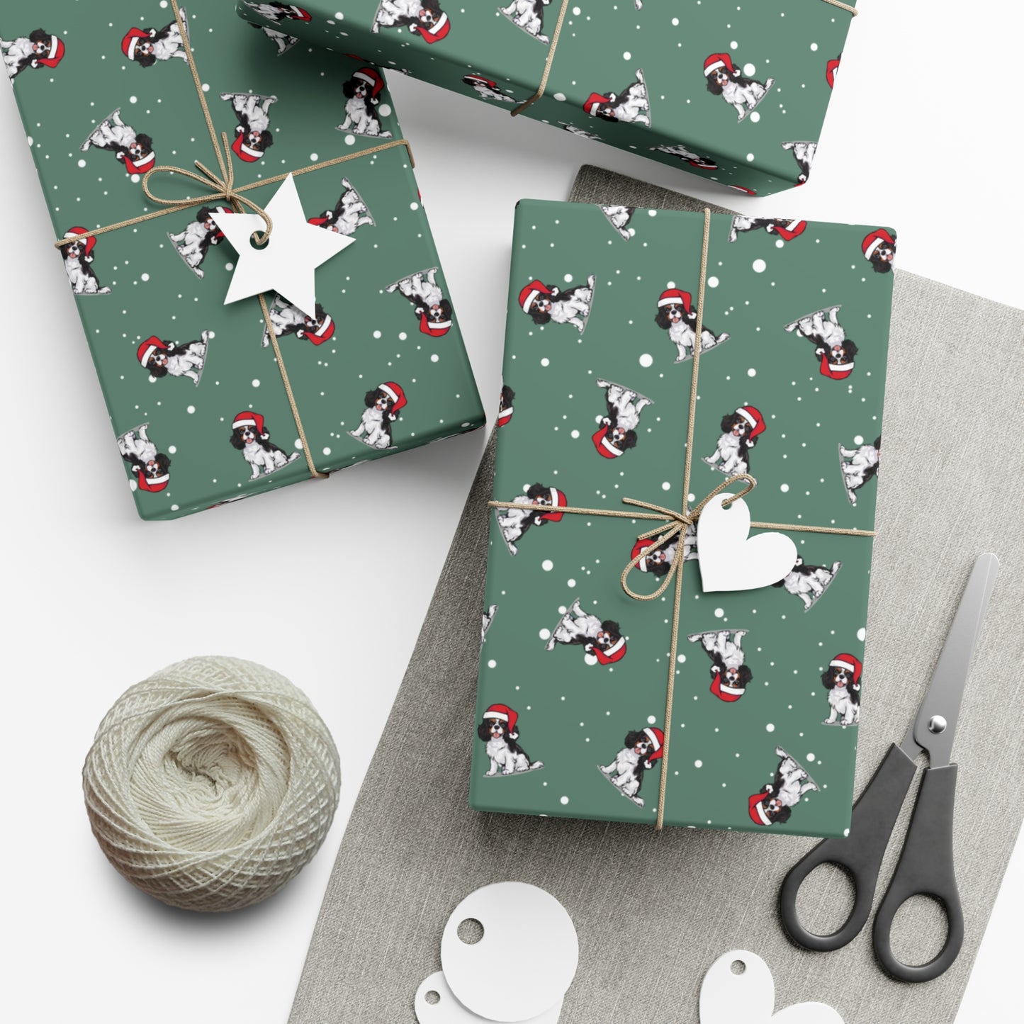 Cavalier King Charles Spaniel Dog Christmas Wrapping Paper, Dogs Print, Cheery Holiday Gift Wrap With Snowy Xmas Puppy In Santa Hat