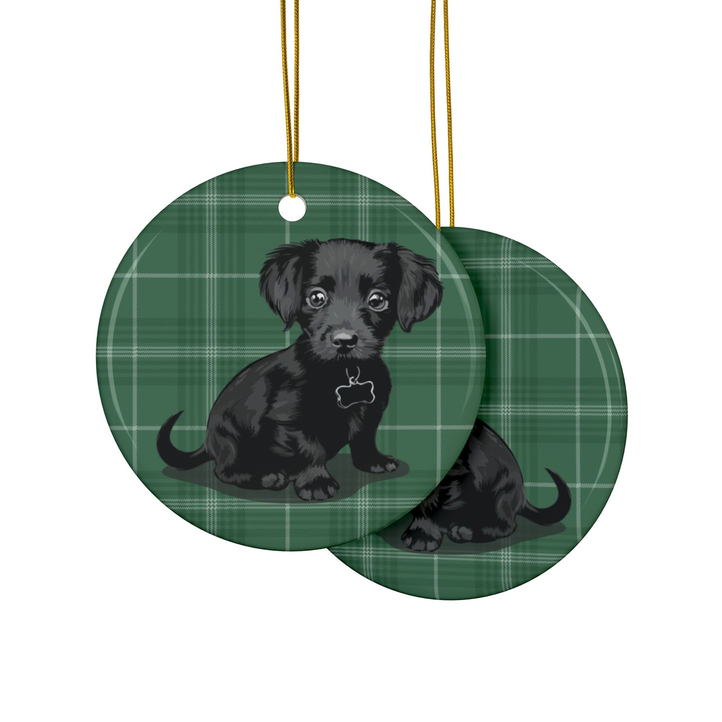 Black Chiweenie Puppy Dogs Green Plaid Christmas Tree Ornament, Festive Xmas Holiday Decorations 1, 3, 5, 10 Pack Ornaments