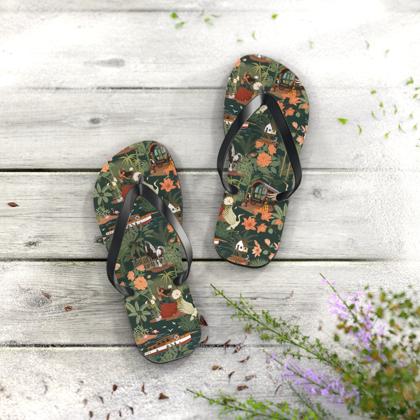 Tropical Nomad Floral Island Flip Flops | Vintage Travel Birds Pattern Sandals