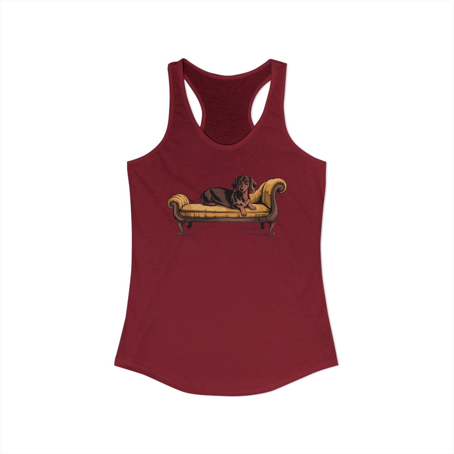 Dachshund Dog on Vintage Chaise Lounge Racerback Tank Top, Women's Wiener Dogs Sleeveless Shirt