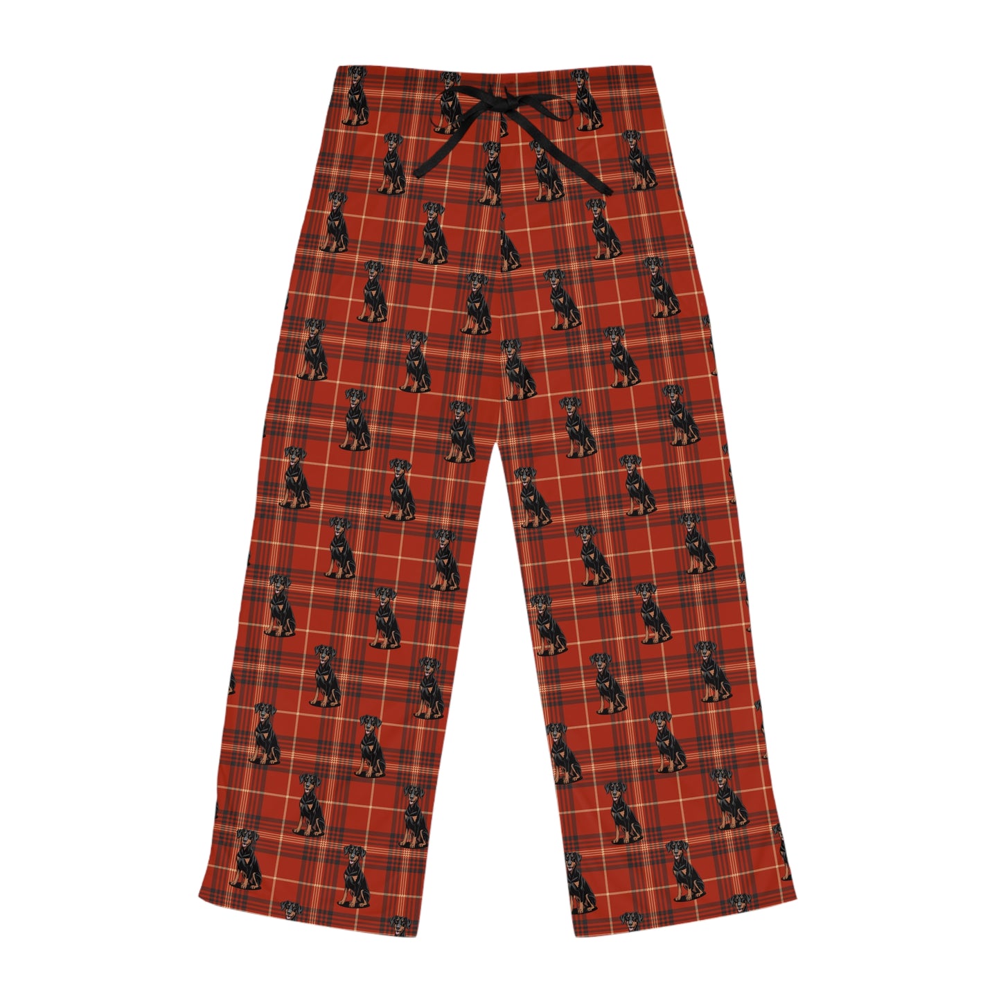 Red Plaid Doberman Pinscher Dogs Women's Pajama Pants, Dog Dobermans PJ Bottoms, Winter Loungewear, Christmas Holiday Sleepwear