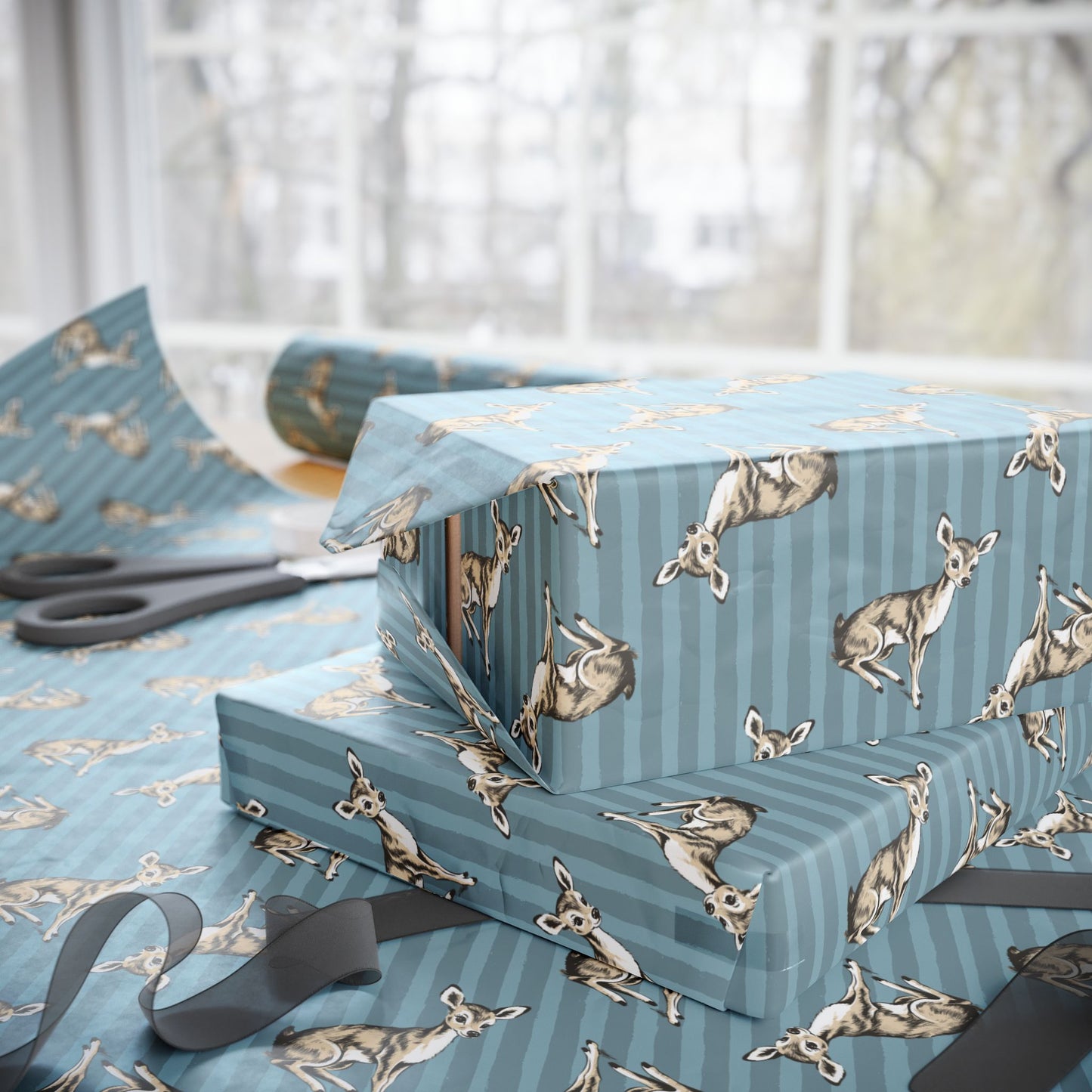 Fawn Stripe Pattern Wrapping Paper, Blue Striped Baby Deer Gift Wrap Roll, Matte Finish Woodland Animal Birthday, Christmas, Holiday Gifts