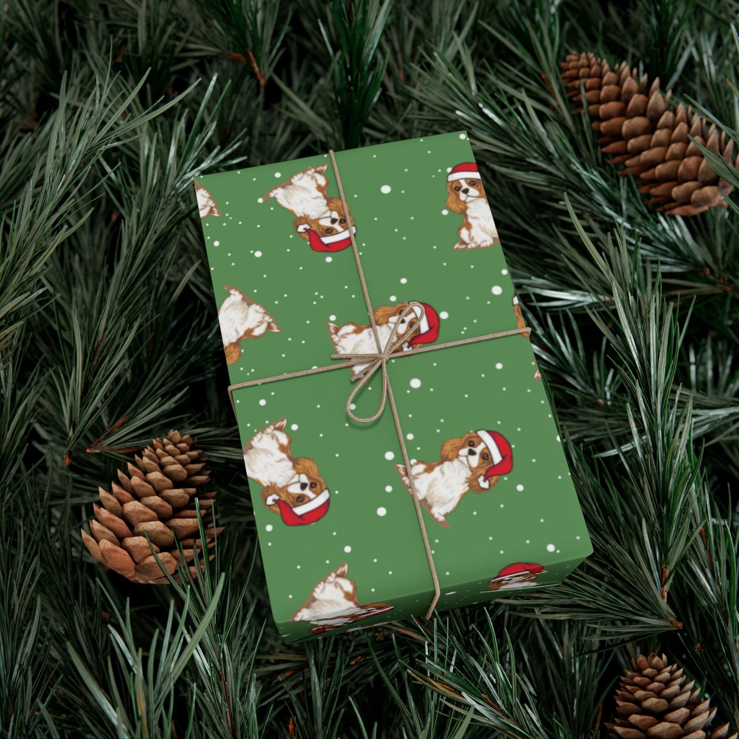 Blenheim Cavalier King Charles Spaniel Dog Christmas Wrapping Paper, Dogs Print, Green Holiday Gift Wrap With Snowy Xmas Puppy Santa Hat