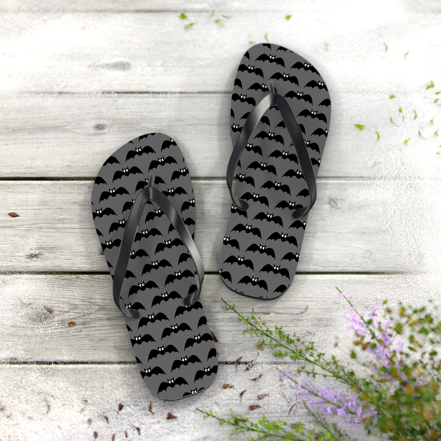 Bat Pattern Flip Flops | Black & Gray Goth Halloween Bats Print Sandals, Gothic Beach Pool Summer Footwear