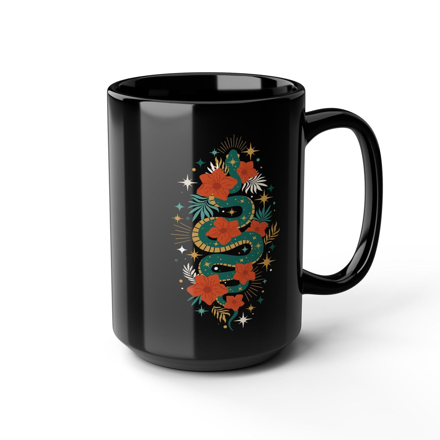 Mystic Jade Snake Black Mug, Boho 15oz Ceramic Coffee Cup, Unique Serpent Design, Gift for Coffee Lovers, Halloween, Occult Mugs