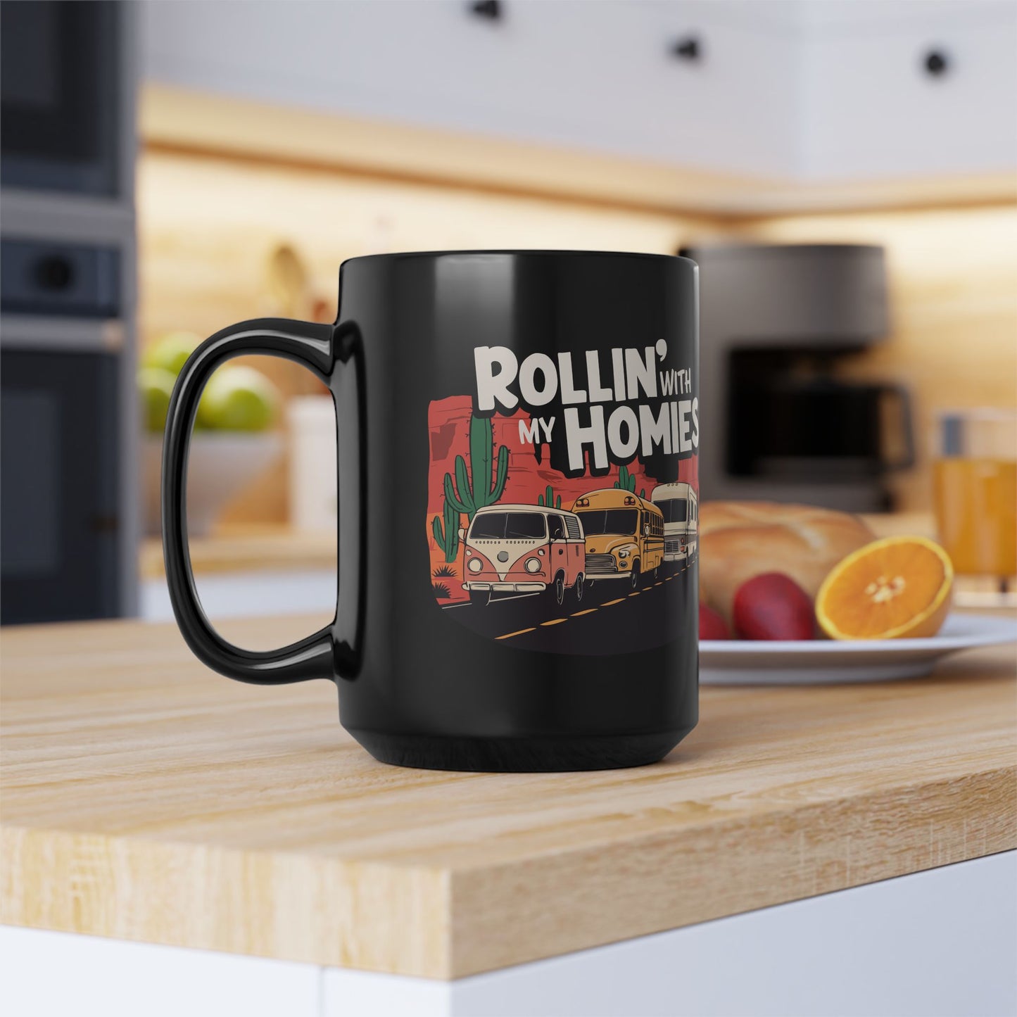 Rollin' With My Homies Coffee Mug - Van Skoolie RV Vanlife Caravan in the Desert Black Ceramic Tea Mugs (11oz, 15oz)