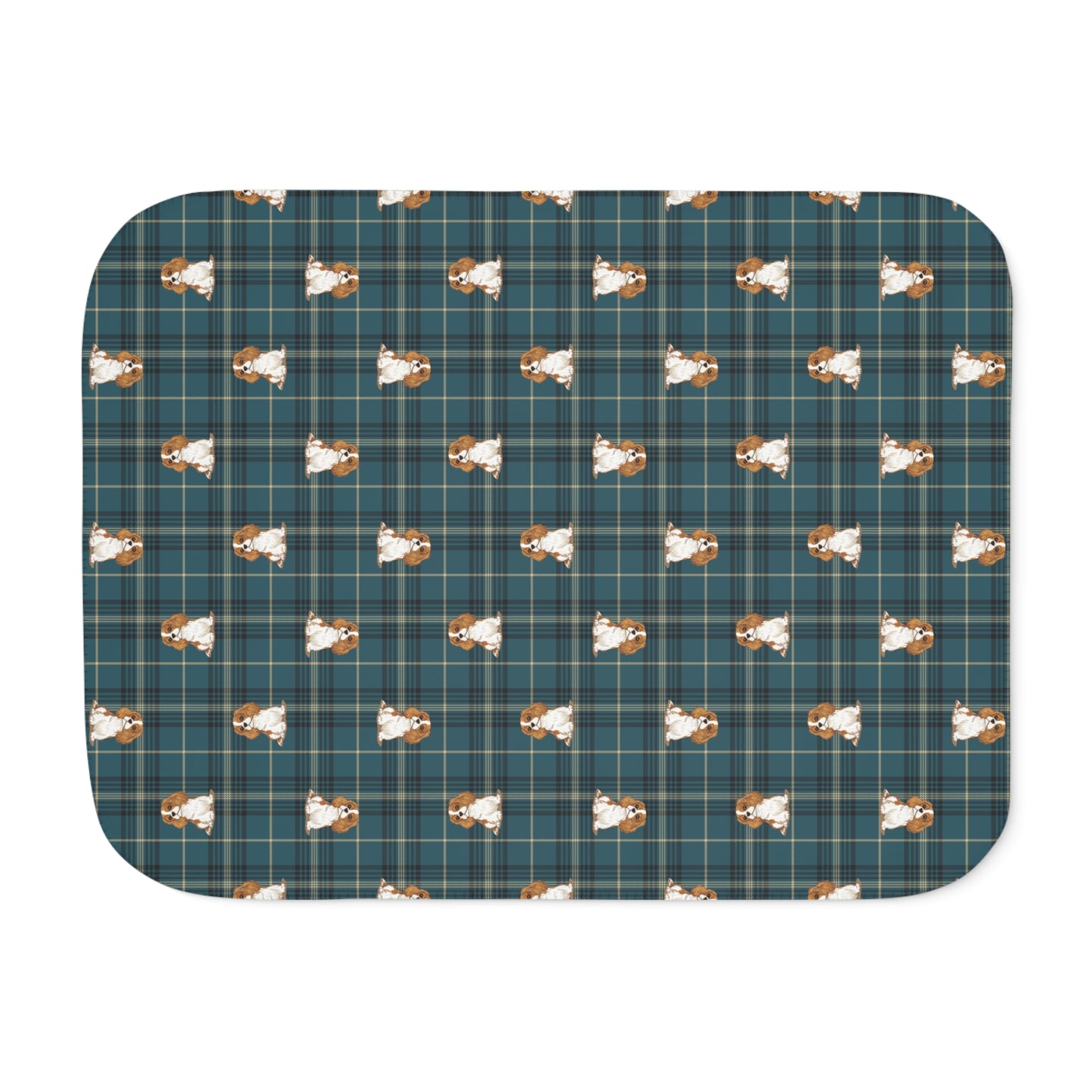 Blenheim Cavalier King Charles Spaniel Dogs Teal Plaid Sherpa Blanket, Dog Pattern Throw Blankets Bedding