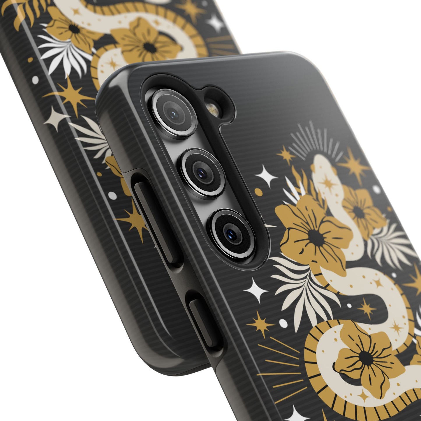 Mystic Snake Cell Phone Case, Black Tough Cases, Protective Floral Golden Serpent Boho Design