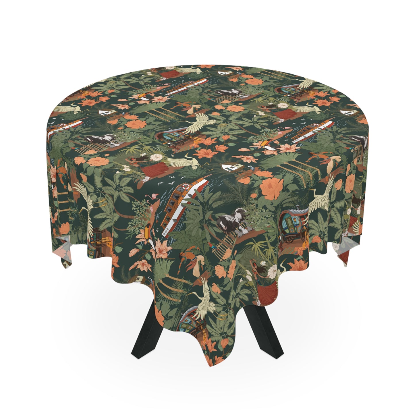 Tropical Nomad Jungle birds Tablecloth | Green Floral Palm Leaves Pattern Table Cloth Beach Summer Party Decor