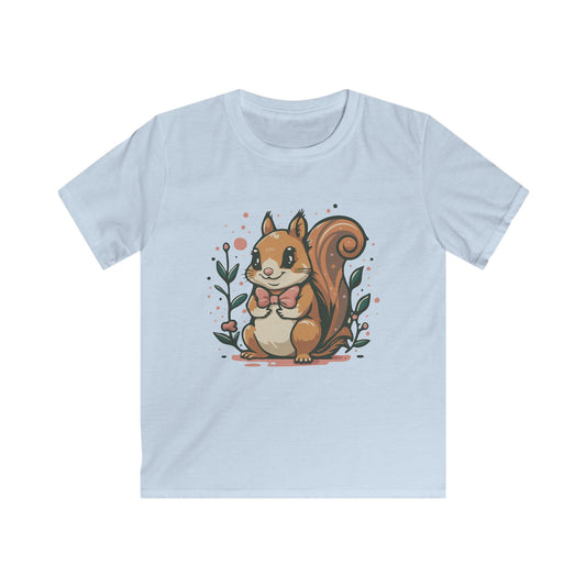 Woodland Squirrel Kids Soft Cotton T-shirt - Cute Squirrel with Bowtie and Flowers Soft Tee for Youth Girls Boys