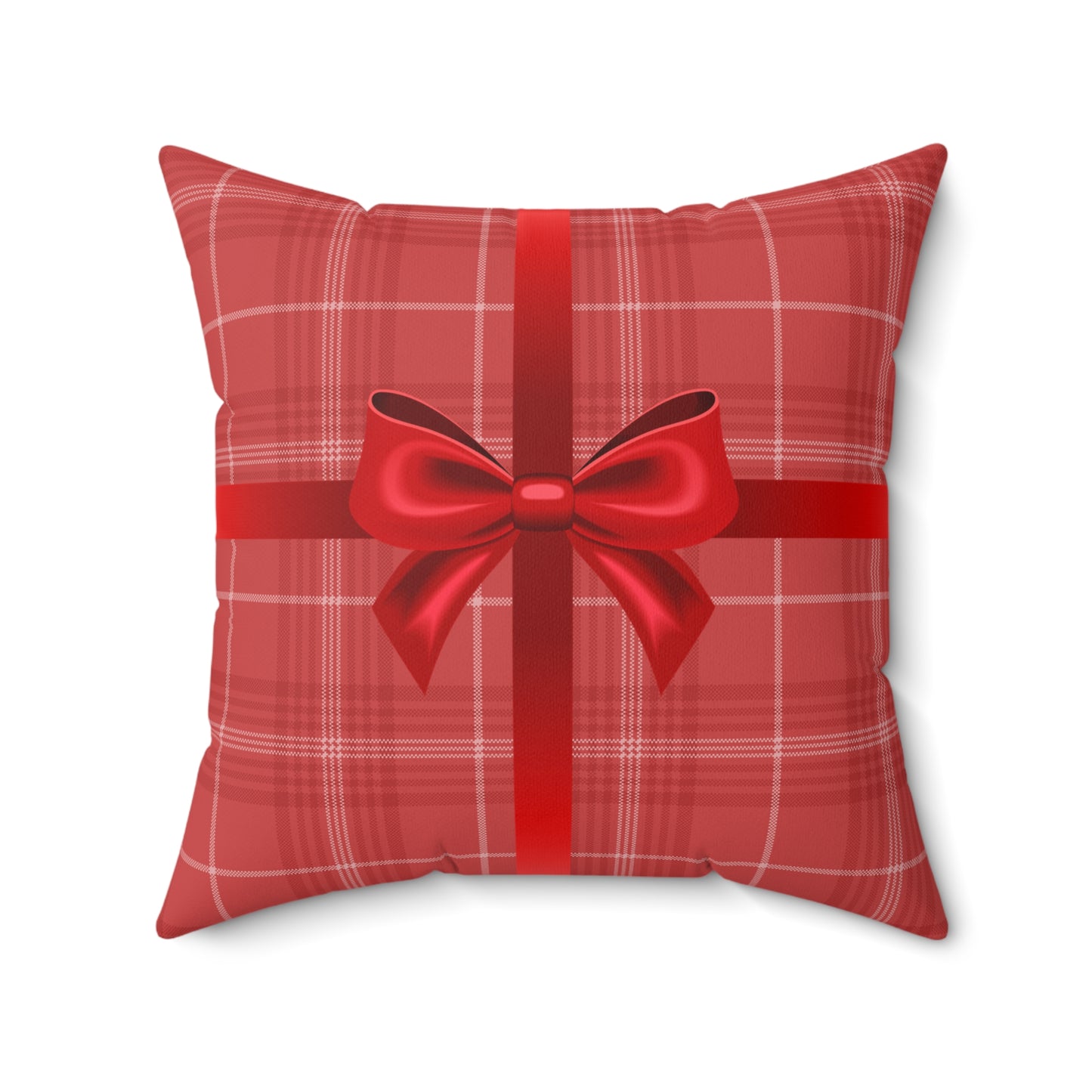Holiday Gift Throw Pillow, Red Bow on Plaid Wrapped Present Pillows, Christmas Home Decor Xmas Decorations, Square Cushion and Cover