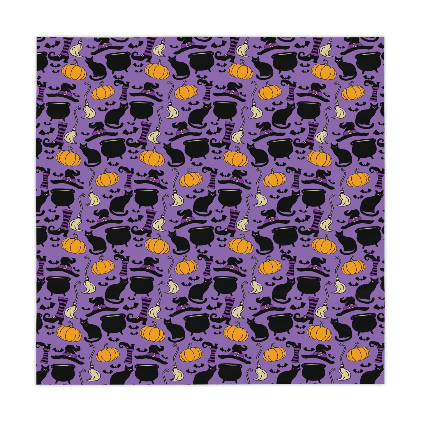 Witchy Things Halloween Tablecloth 55x55" Spooky Kitchen Party Decor Fabric Tablet Cloth Witch Hats, Black Cats, Pumpkins, Bats, Cauldrons