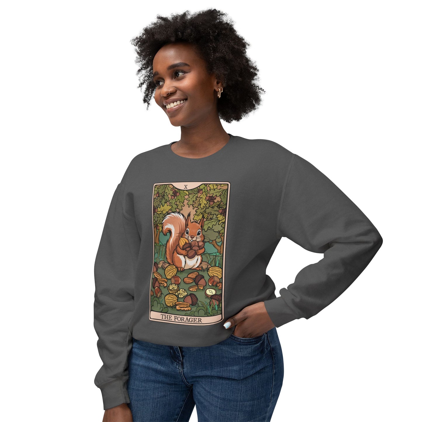 The Forager Squirrel Crewneck Sweatshirt | Autumn Woodland Tarot Card Squirrels and Nuts Illustration, Fall Lightweight Sweatshirts