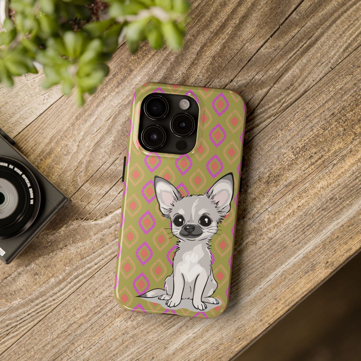 White Chihuahua Puppy Dog Phone Case, Tough Phone Cases Pet Dogs Retro Green  Pattern