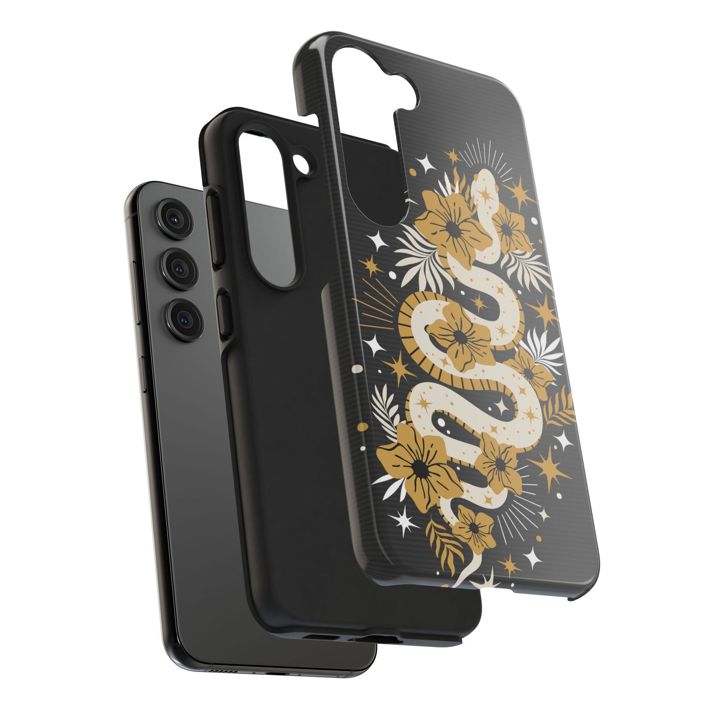 Mystic Snake Cell Phone Case, Black Tough Cases, Protective Floral Golden Serpent Boho Design